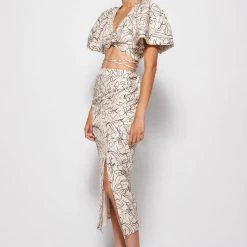 Jonathan Simkhai Sadie Printed Linen Puff Sleeve Crop Top