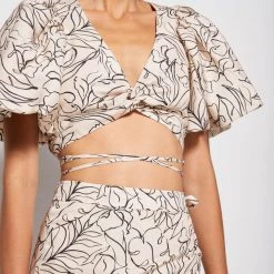 Jonathan Simkhai Sadie Printed Linen Puff Sleeve Crop Top