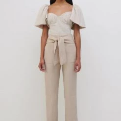 Jonathan Simkhai Quince Textured Linen Jacquard Puff Sleeve Crop Top