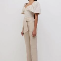 Jonathan Simkhai Quince Textured Linen Jacquard Puff Sleeve Crop Top