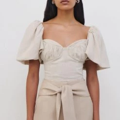 Jonathan Simkhai Quince Textured Linen Jacquard Puff Sleeve Crop Top