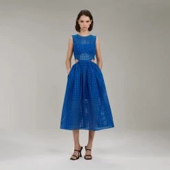 Self-portrait Dresses Vivid Blue Cotton Broderie Anglaise Midi Dress